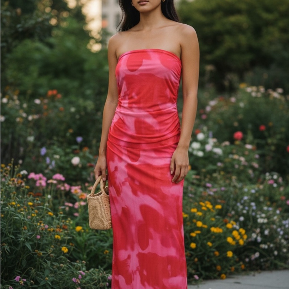 SHEIN EUC Sz L Vibrant Pink Tie Dye Camouflage Bodycon Gathered Midi Dress - Picture 2 of 10